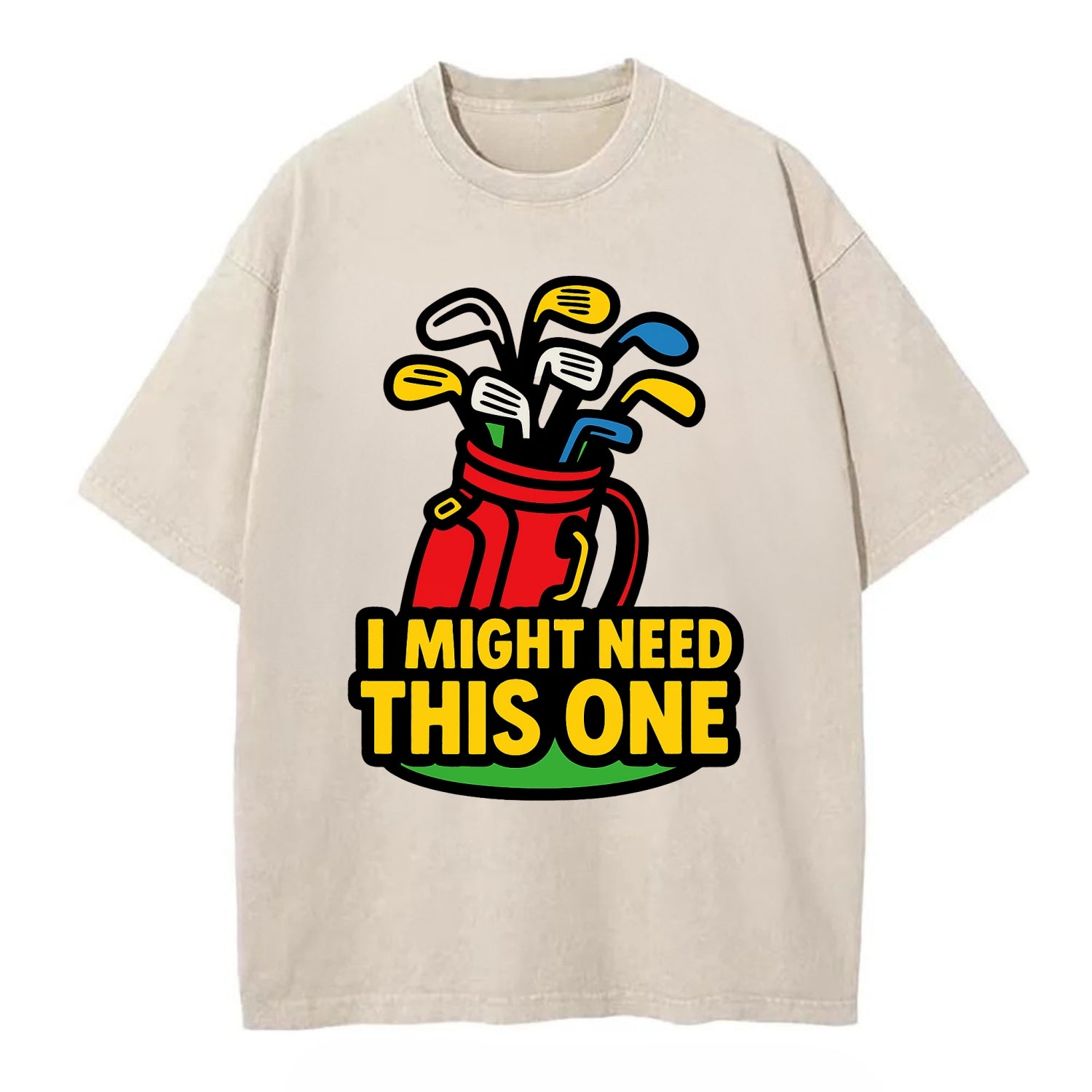 Golf bag overflowing with too many clubs - "I Might Need This One" - gear - Vintage T-shirt - Off White