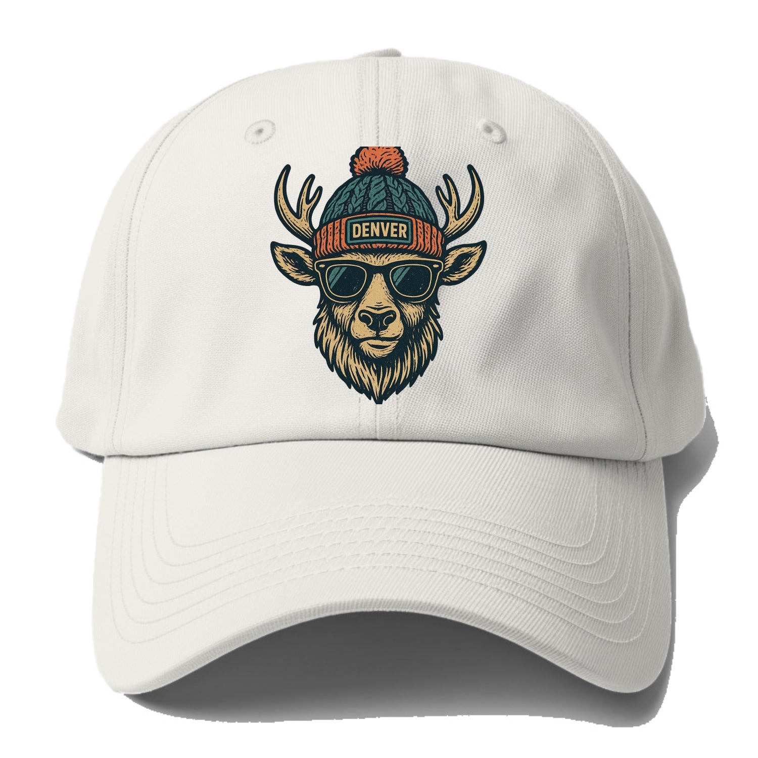 Denver Elk wearing Denver beanie with pom pom and wayfarer sunglasses - Baseball Cap For Big Heads - Off White