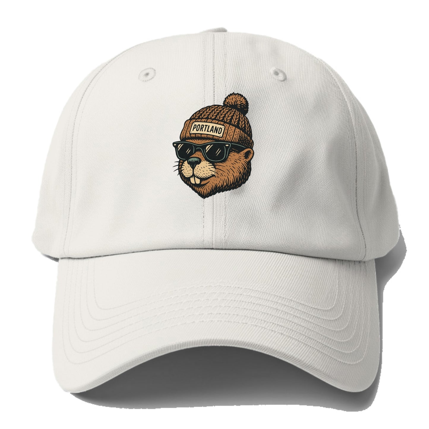 Portland Beaver wearing Portland beanie with pom pom and wayfarer sunglasses - Baseball Cap - Off White