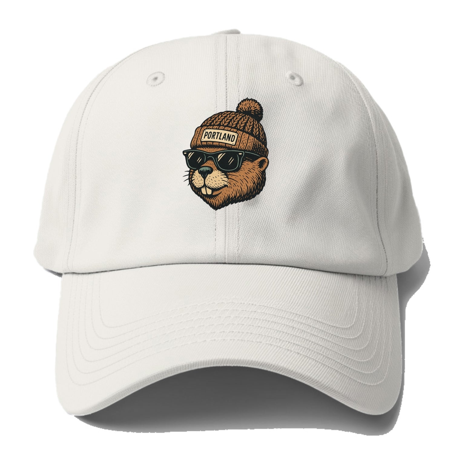 Portland Beaver wearing Portland beanie with pom pom and wayfarer sunglasses - Baseball Cap - Off White