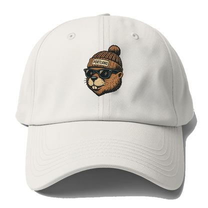 Portland Beaver wearing Portland beanie with pom pom and wayfarer sunglasses - Baseball Cap - Off White