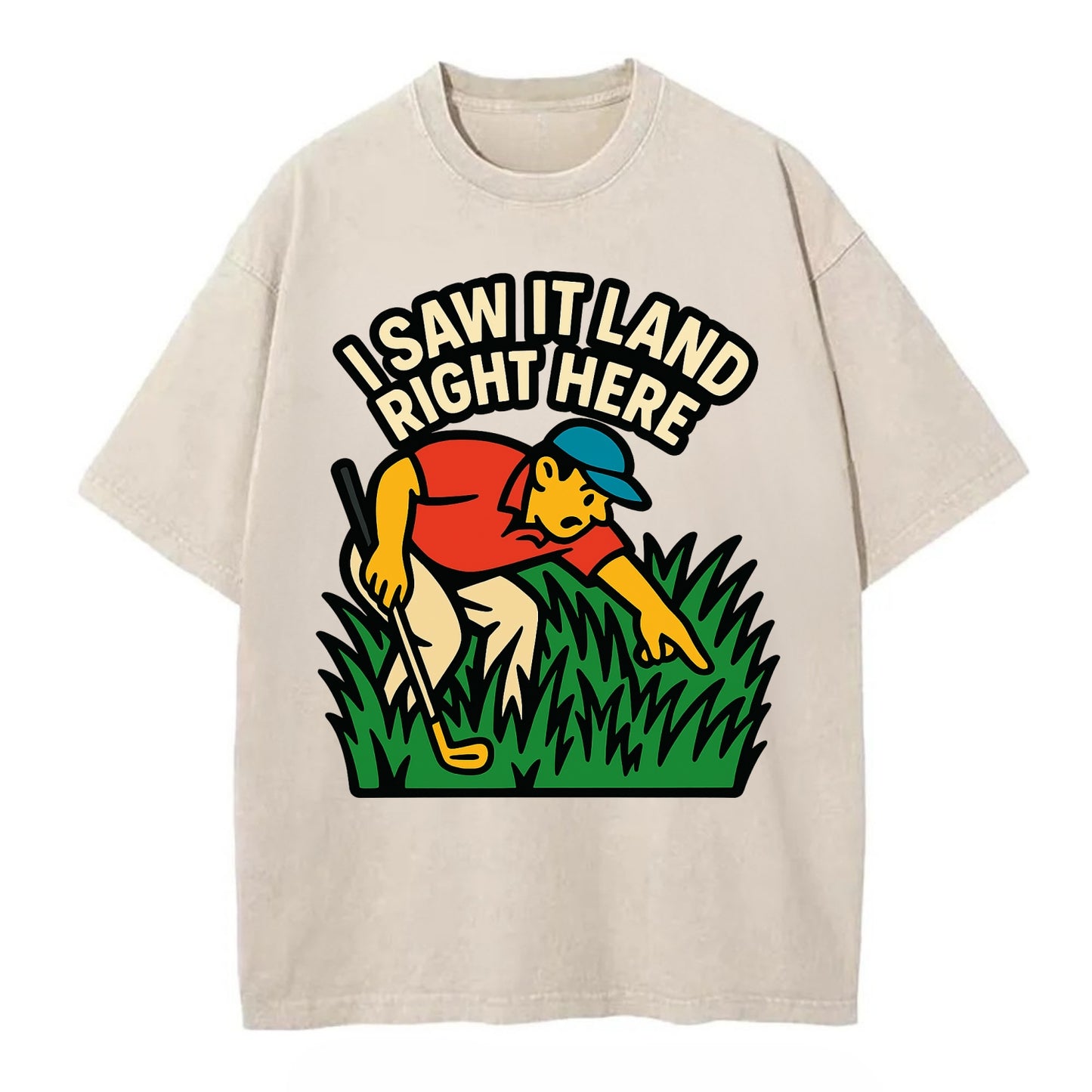 Golfer searching in deep rough - "I Saw It Land Right Here" - lost ball saga - Vintage T-shirt - Off White