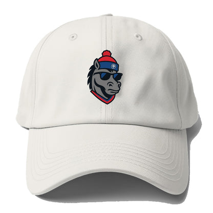 Detroit Stallion wearing Pistons red and blue beanie with piston patch and wayfarer - Baseball Cap - Off White