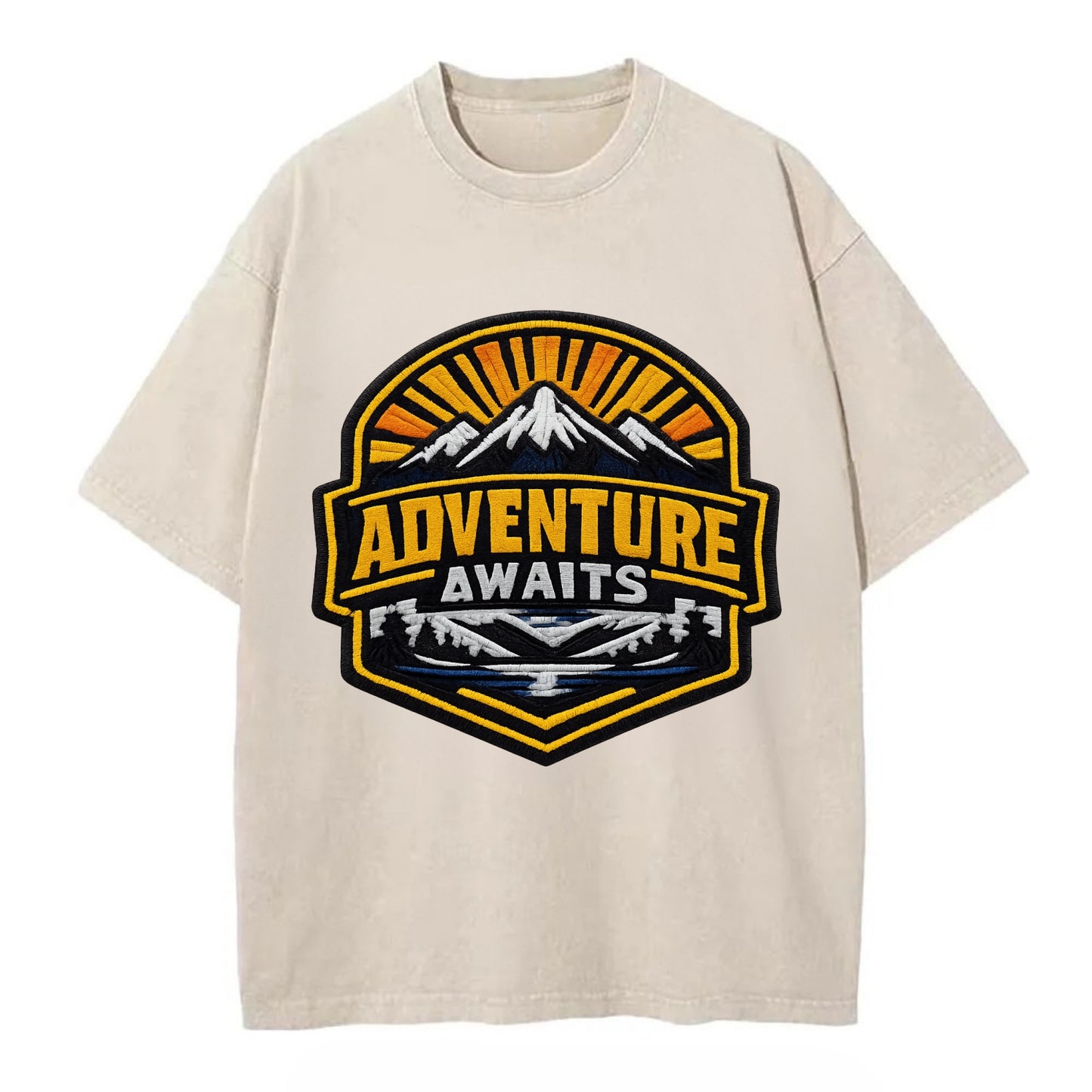 ADVENTURE AWAITS - mountain sunrise with text in gold and blue , wanderlust - Vintage T-shirt - Off White