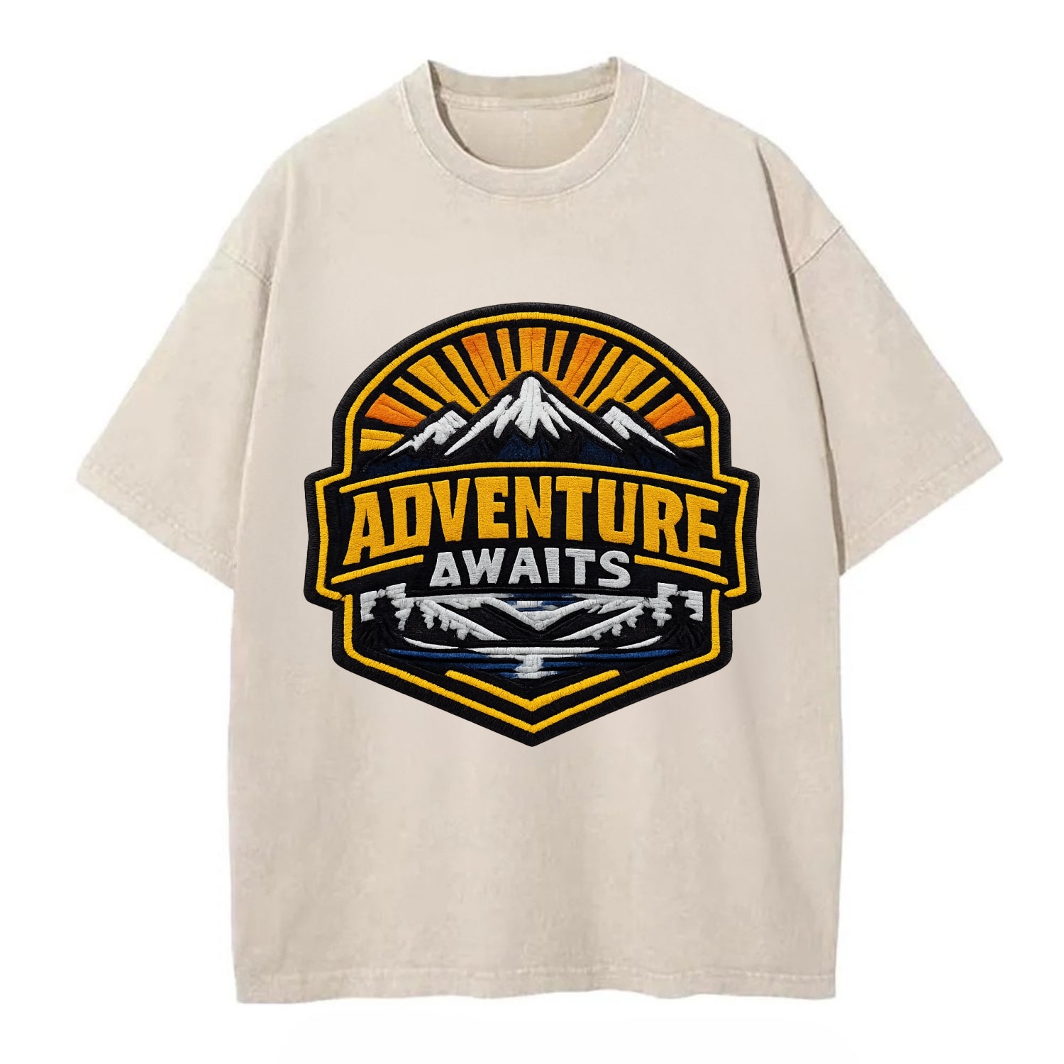 ADVENTURE AWAITS - mountain sunrise with text in gold and blue , wanderlust - Vintage T-shirt - Off White