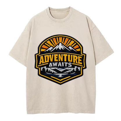ADVENTURE AWAITS - mountain sunrise with text in gold and blue , wanderlust - Vintage T-shirt - Off White