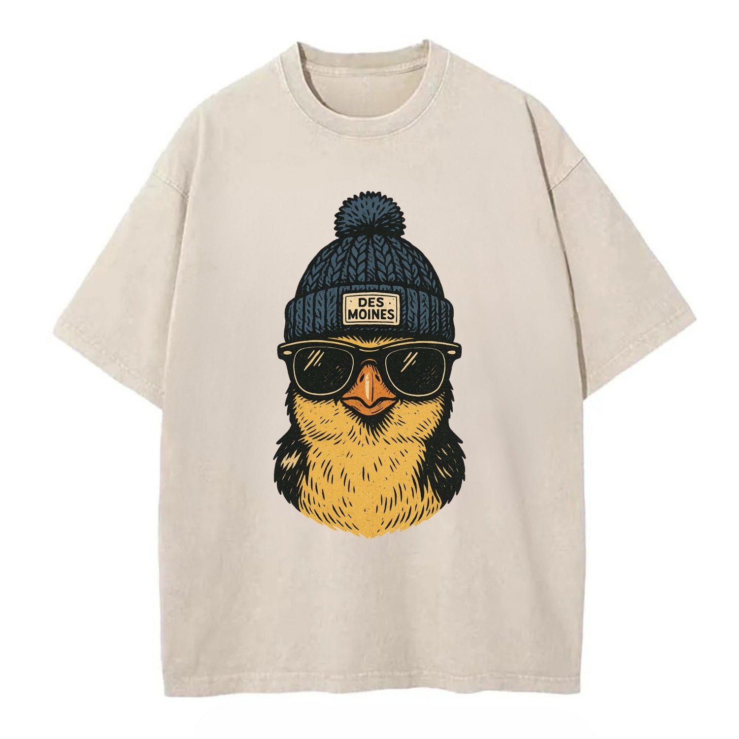 Iowa Goldfinch wearing Des Moines beanie with pom pom and wayfarer sunglasses - Vintage T-shirt - Off White