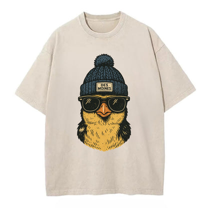 Iowa Goldfinch wearing Des Moines beanie with pom pom and wayfarer sunglasses - Vintage T-shirt - Off White