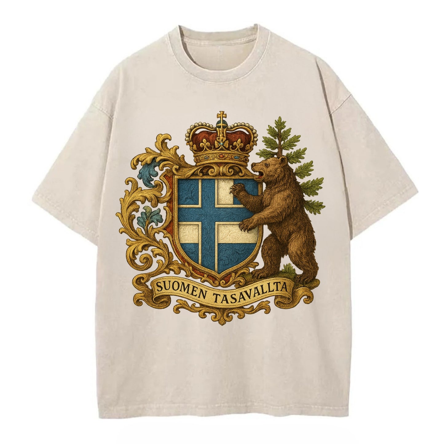 Finland Brown Bear Emblem  - Vintage T-shirt - Off White