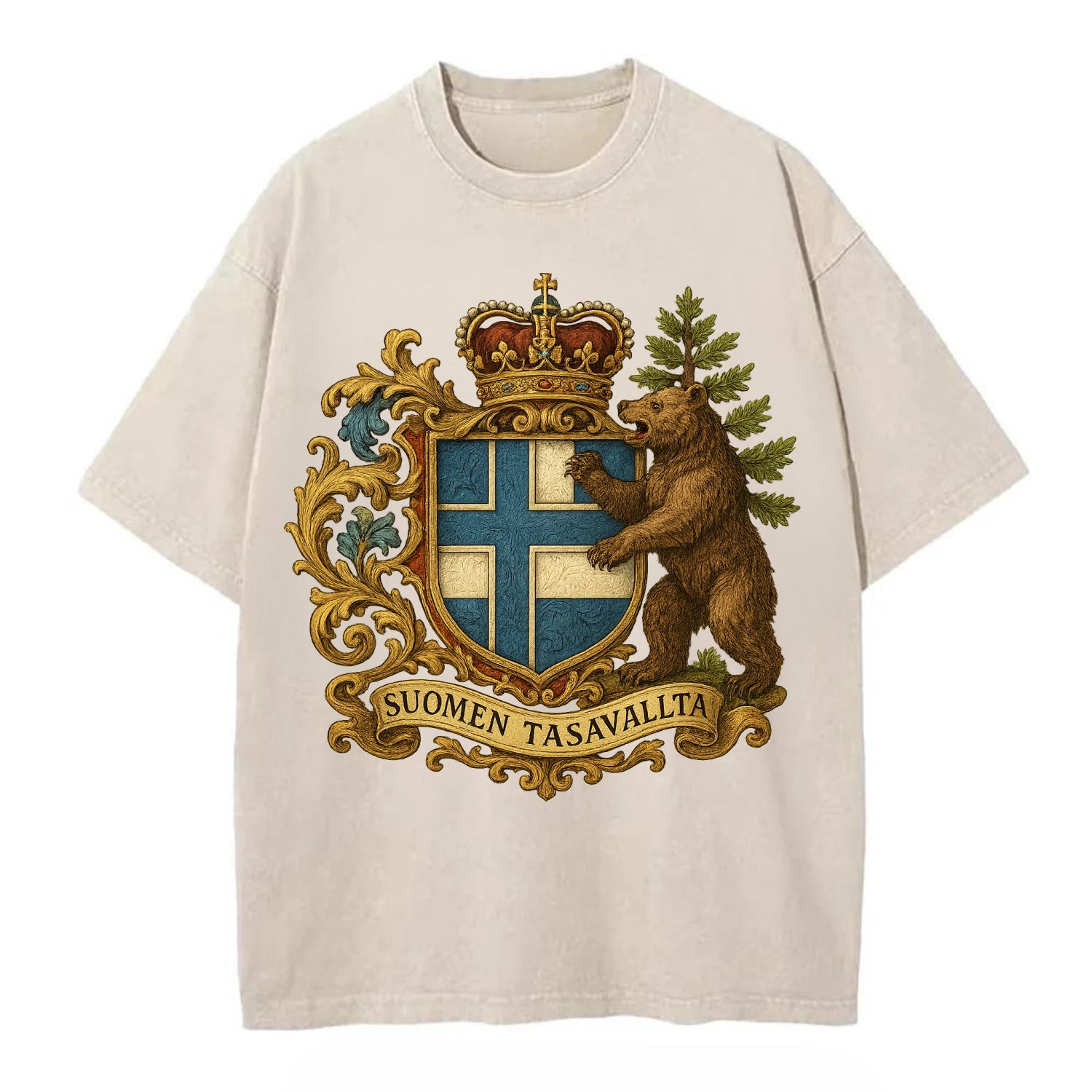 Finland Brown Bear Emblem  - Vintage T-shirt - Off White