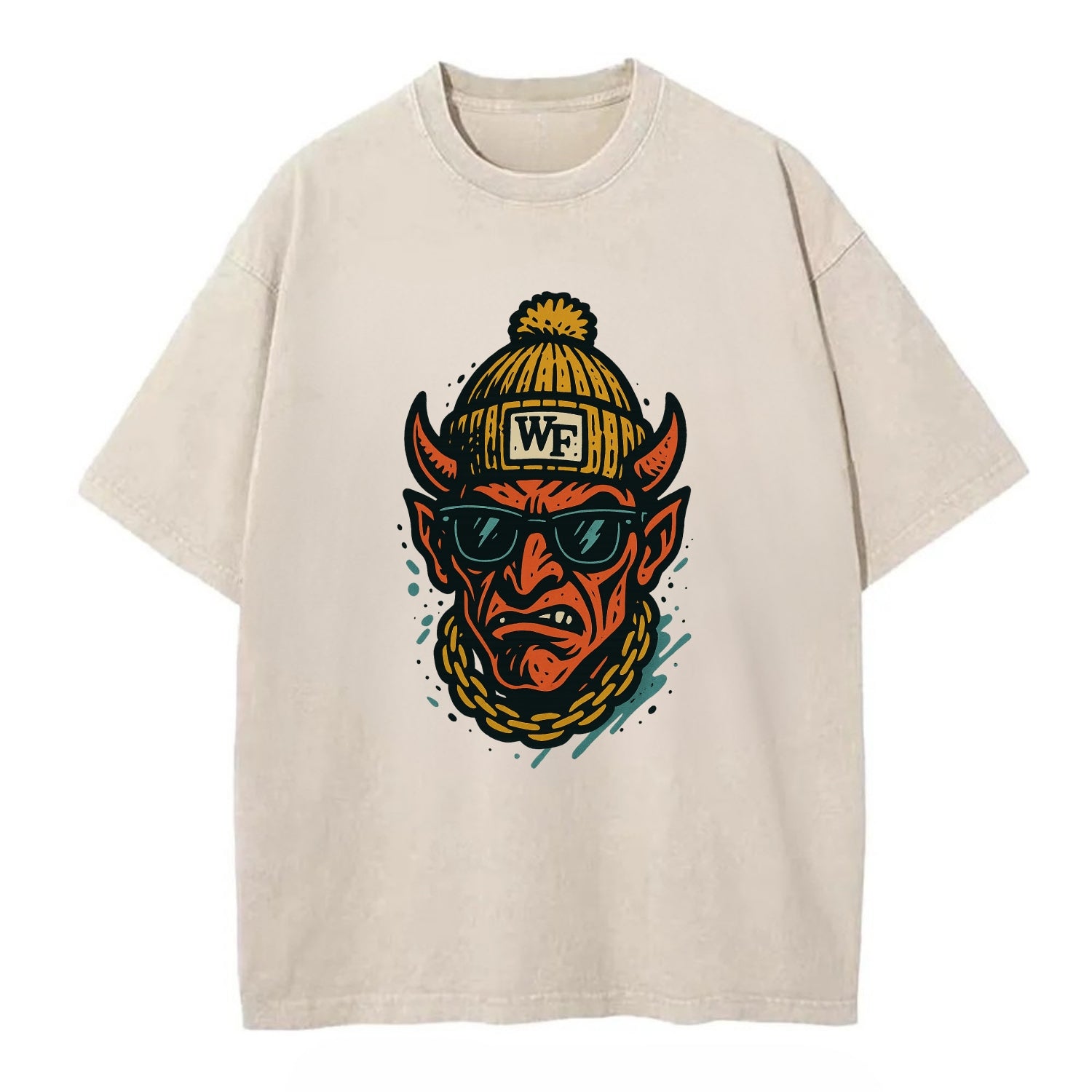 Winston-Salem Demon wearing Wake Forest beanie with WF patch - Vintage T-shirt - Off White