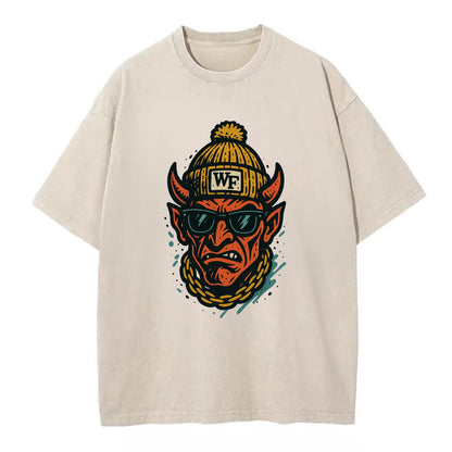 Winston-Salem Demon wearing Wake Forest beanie with WF patch - Vintage T-shirt - Off White
