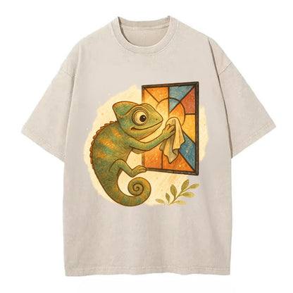 Chameleon blending into a stained-glass window it is polishing with delicate - Vintage T-shirt - Off White