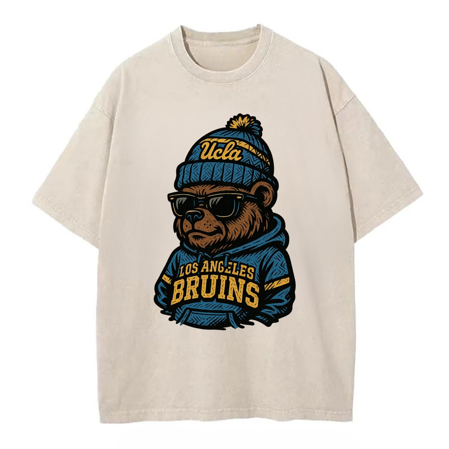 Los Angeles Bruin wearing UCLA beanie with script patch - Vintage T-shirt - Off White
