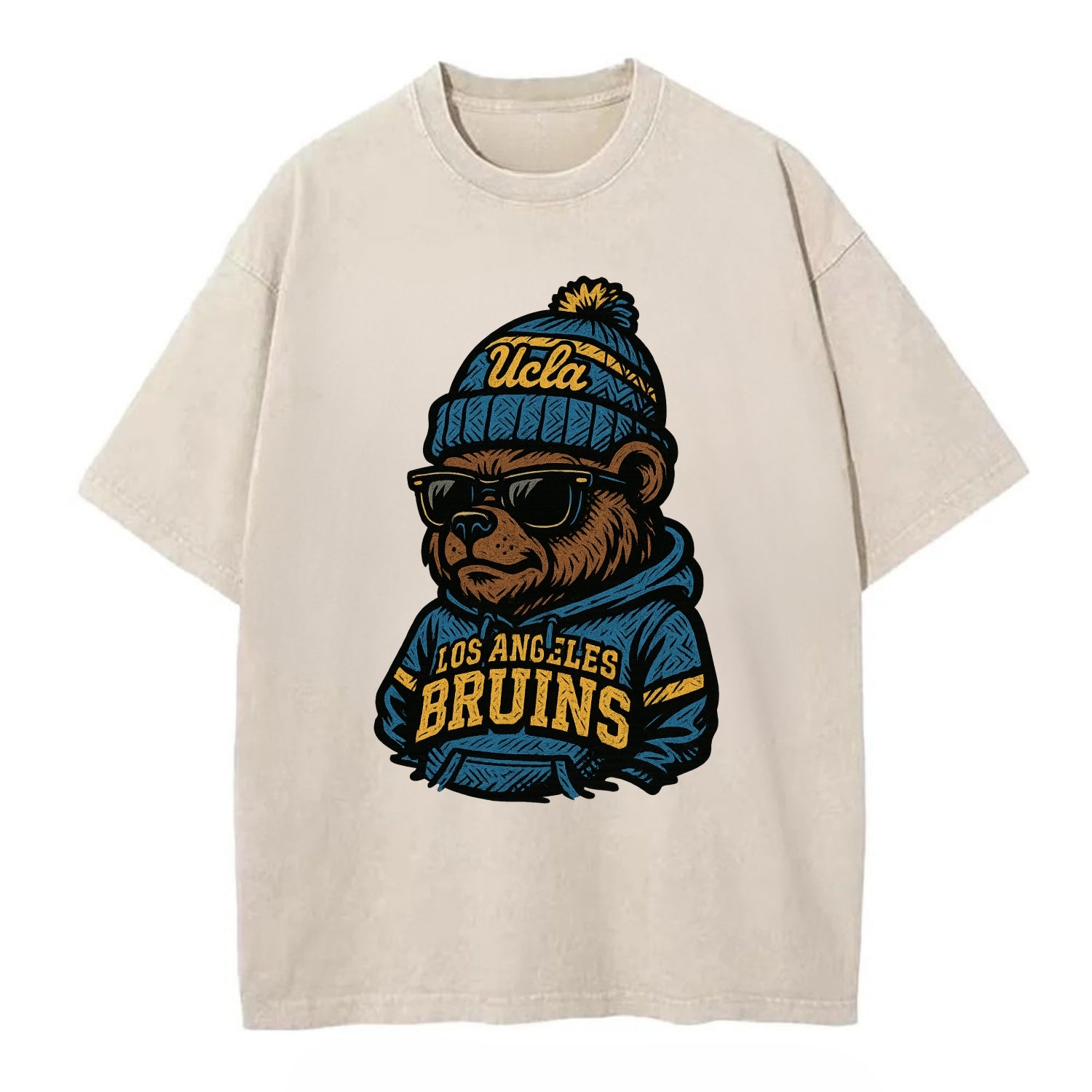 Los Angeles Bruin wearing UCLA beanie with script patch - Vintage T-shirt - Off White