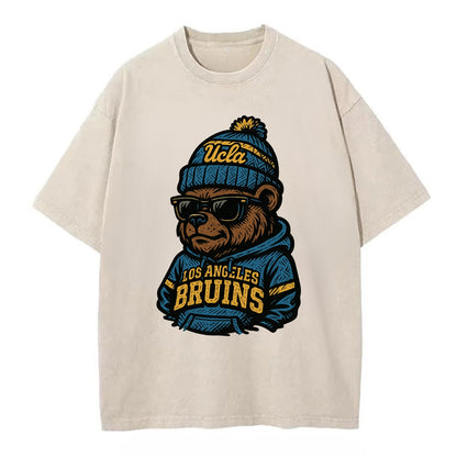 Los Angeles Bruin wearing UCLA beanie with script patch - Vintage T-shirt - Off White
