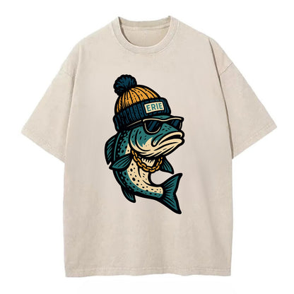 Erie Lake Trout wearing Erie beanie with - Vintage T-shirt - Off White