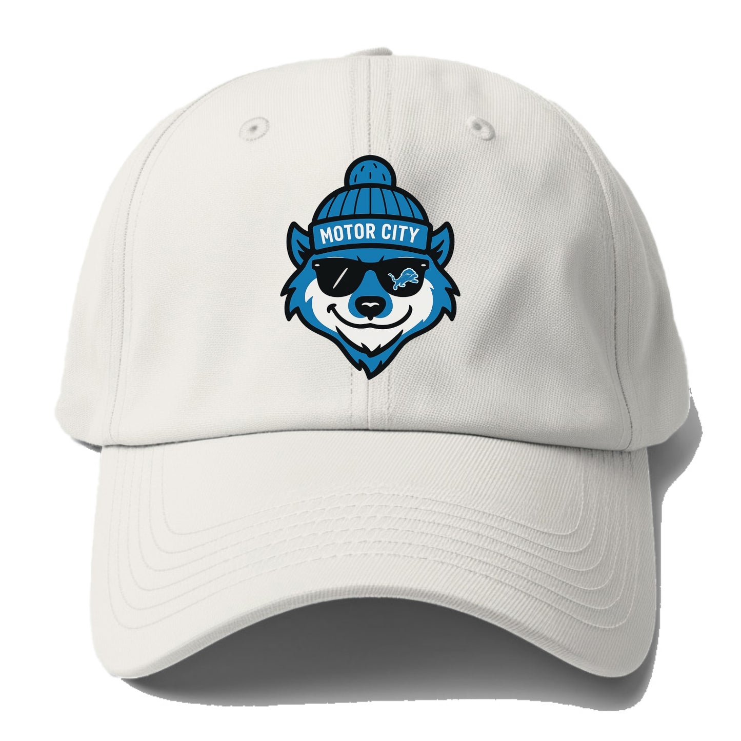 Motor City Wolverine wearing Lions beanie with gear patch and wayfarer sunglasses - Baseball Cap - Off White