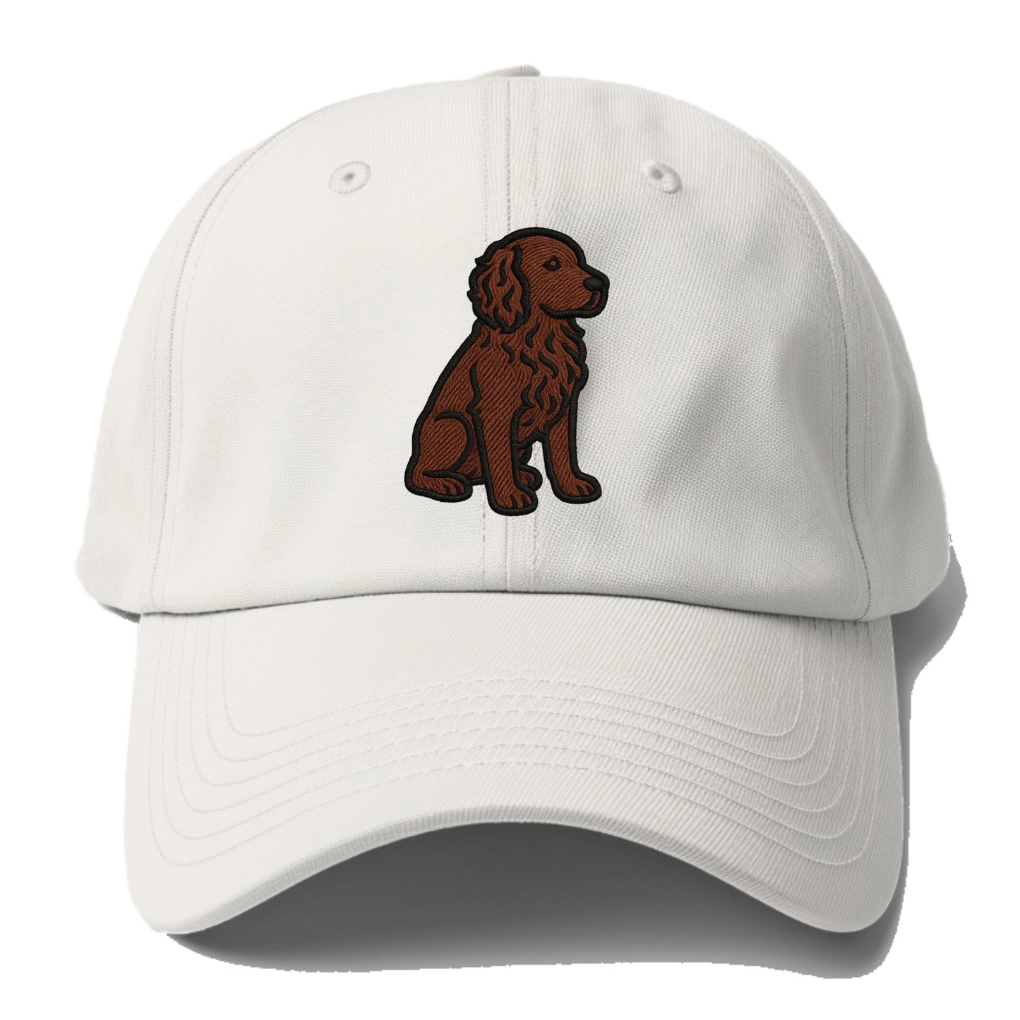 Boykin Spaniel - Rich chocolate brown wavy coat embroidered sitting pose - Baseball Cap - Off White