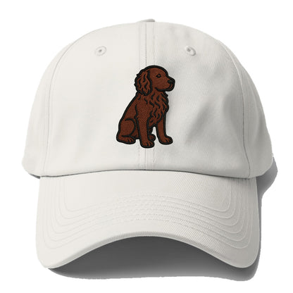 Boykin Spaniel - Rich chocolate brown wavy coat embroidered sitting pose - Baseball Cap - Off White