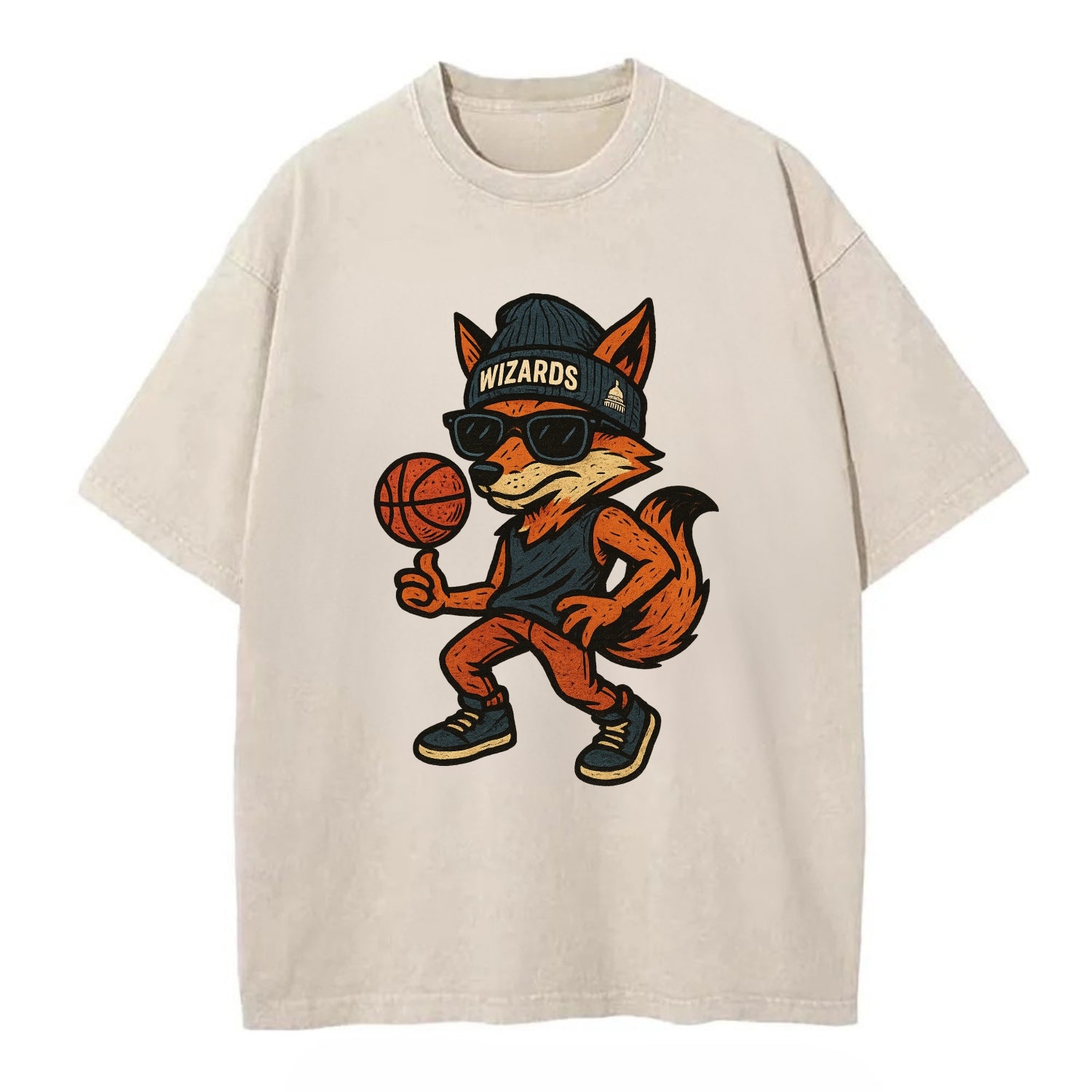Washington Fox wearing Wizards beanie with capitol patch and wayfarer sunglasses - Vintage T-shirt - Off White