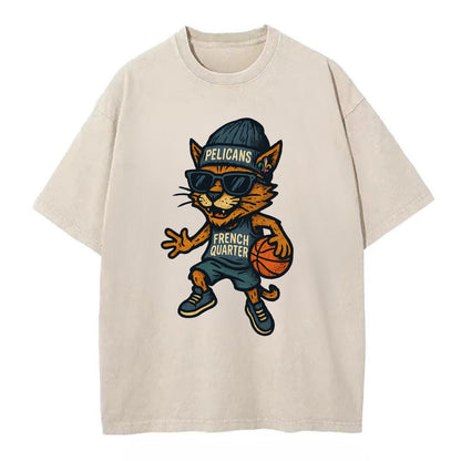 French Quarter Cat wearing Pelicans beanie with Mardi Gras patch and wayfarer - Vintage T-shirt - Off White