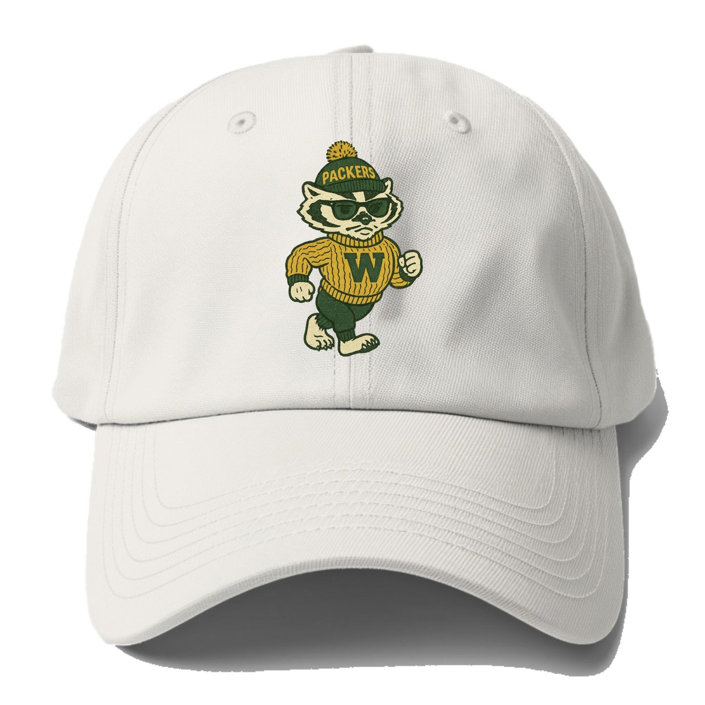 Wisconsin Badger wearing Packers green and gold beanie with pom pom and wayfarer - Baseball Cap - Off White