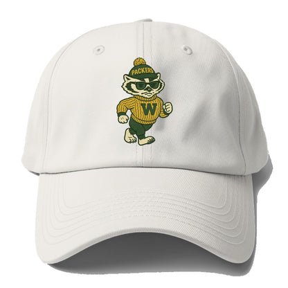 Wisconsin Badger wearing Packers green and gold beanie with pom pom and wayfarer - Baseball Cap - Off White