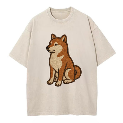 Shiba Inu - Red sesame embroidered sitti Vintage T-shirt - Off White
