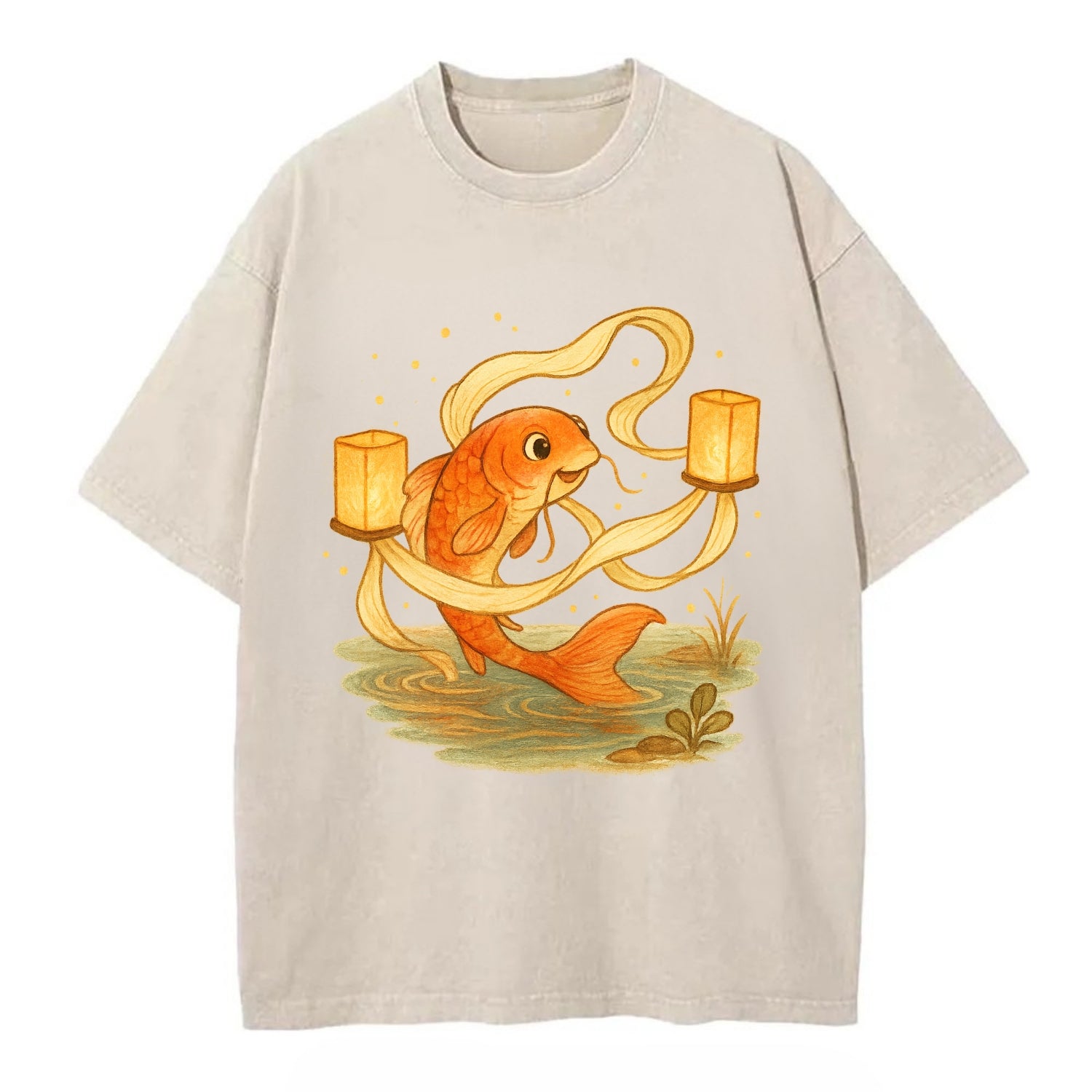 Koi weaving silk streamers through floating lanterns on tranquil water - Vintage T-shirt - Off White