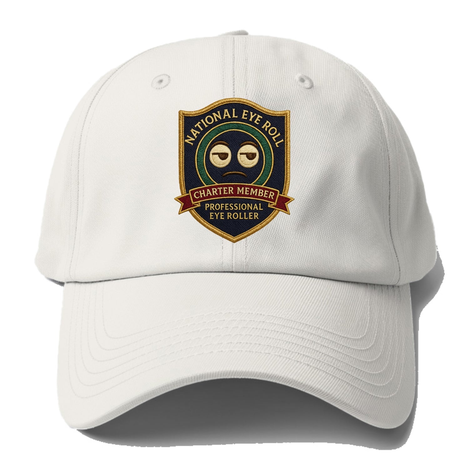 Crest with eye roll icon - "National Eye Roll Association - Charter Member" - - Baseball Cap - Off White