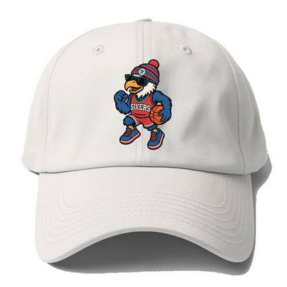 Philadelphia Eagle wearing 76ers red white and blue beanie with bell patch and - Baseball Cap - Off White