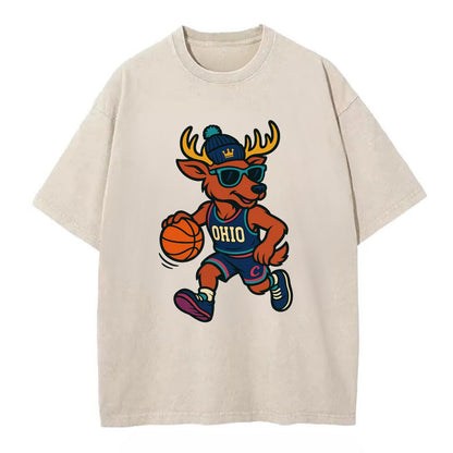 Ohio Deer wearing Cavs beanie with crown patch and wayfarer sunglasses - Vintage T-shirt - Off White