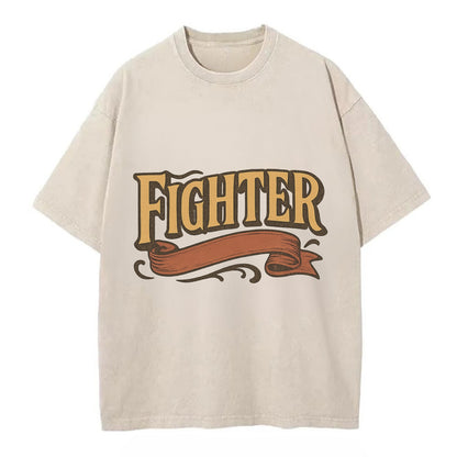Bold typography design - "FIGHTER" - never giving up, battling on - Vintage T-shirt - Off White