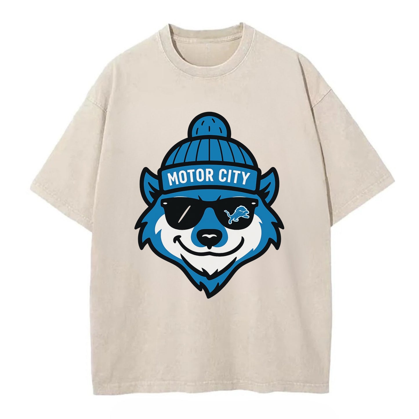 Motor City Wolverine wearing Lions beanie with gear patch and wayfarer sunglasses - Vintage T-shirt - Off White
