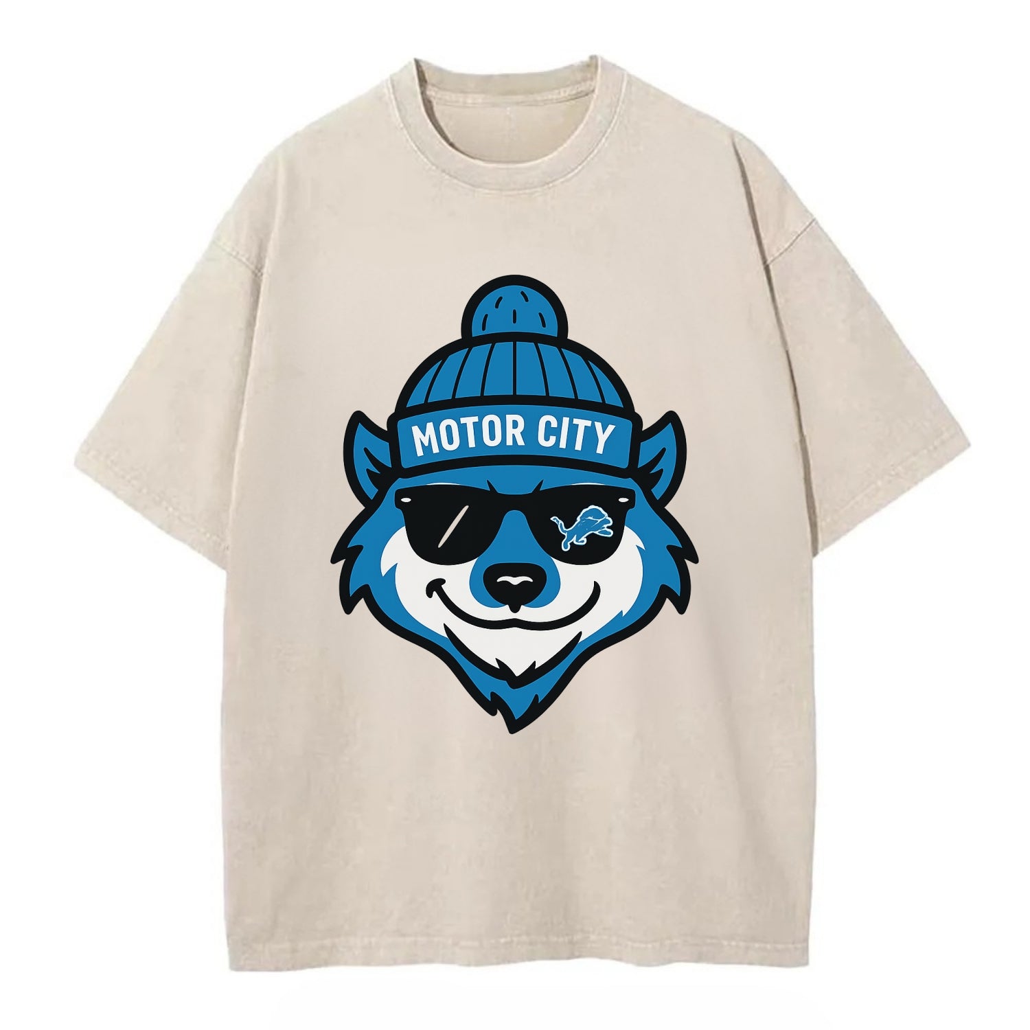 Motor City Wolverine wearing Lions beanie with gear patch and wayfarer sunglasses - Vintage T-shirt - Off White