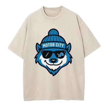 Motor City Wolverine wearing Lions beanie with gear patch and wayfarer sunglasses - Vintage T-shirt - Off White