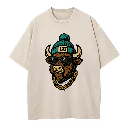 Boulder Ralphie wearing Colorado beanie with CU patch - Vintage T-shirt