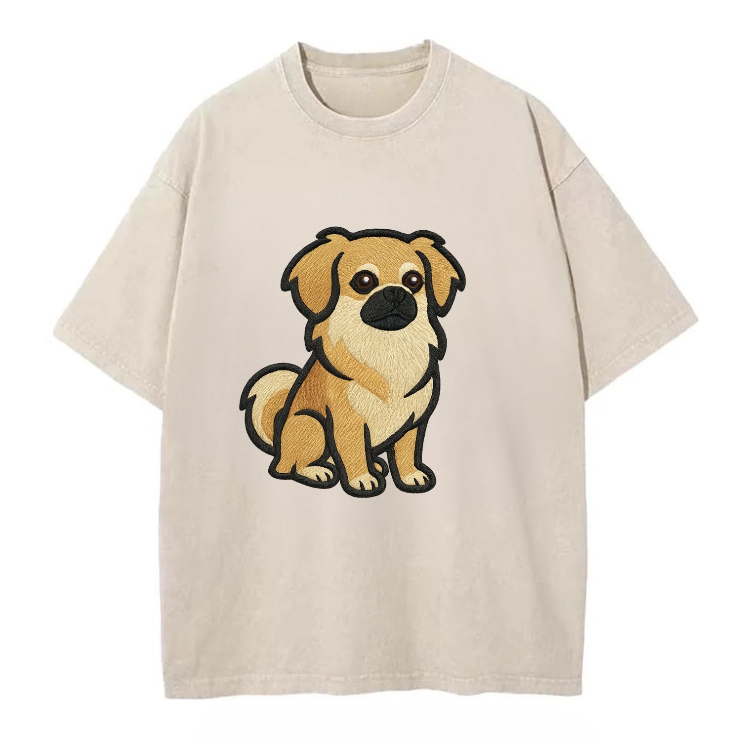 Tibetan Spaniel - Fawn small dog embroidered design - Vintage T-shirt - Off White