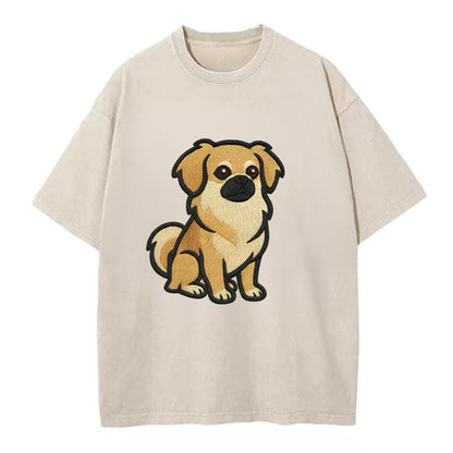 Tibetan Spaniel - Fawn small dog embroidered design - Vintage T-shirt - Off White