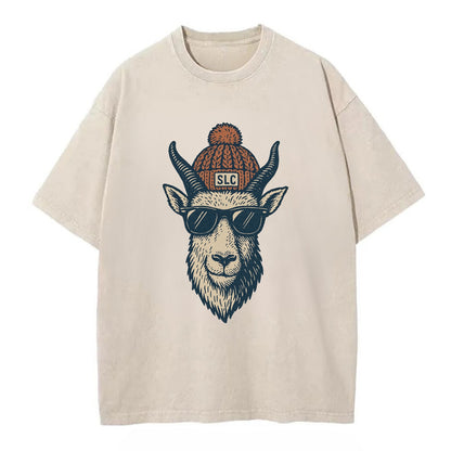 Salt Lake City Mountain Goat wearing SLC beanie with pom pom and wayfarer - Vintage T-shirt - Off White