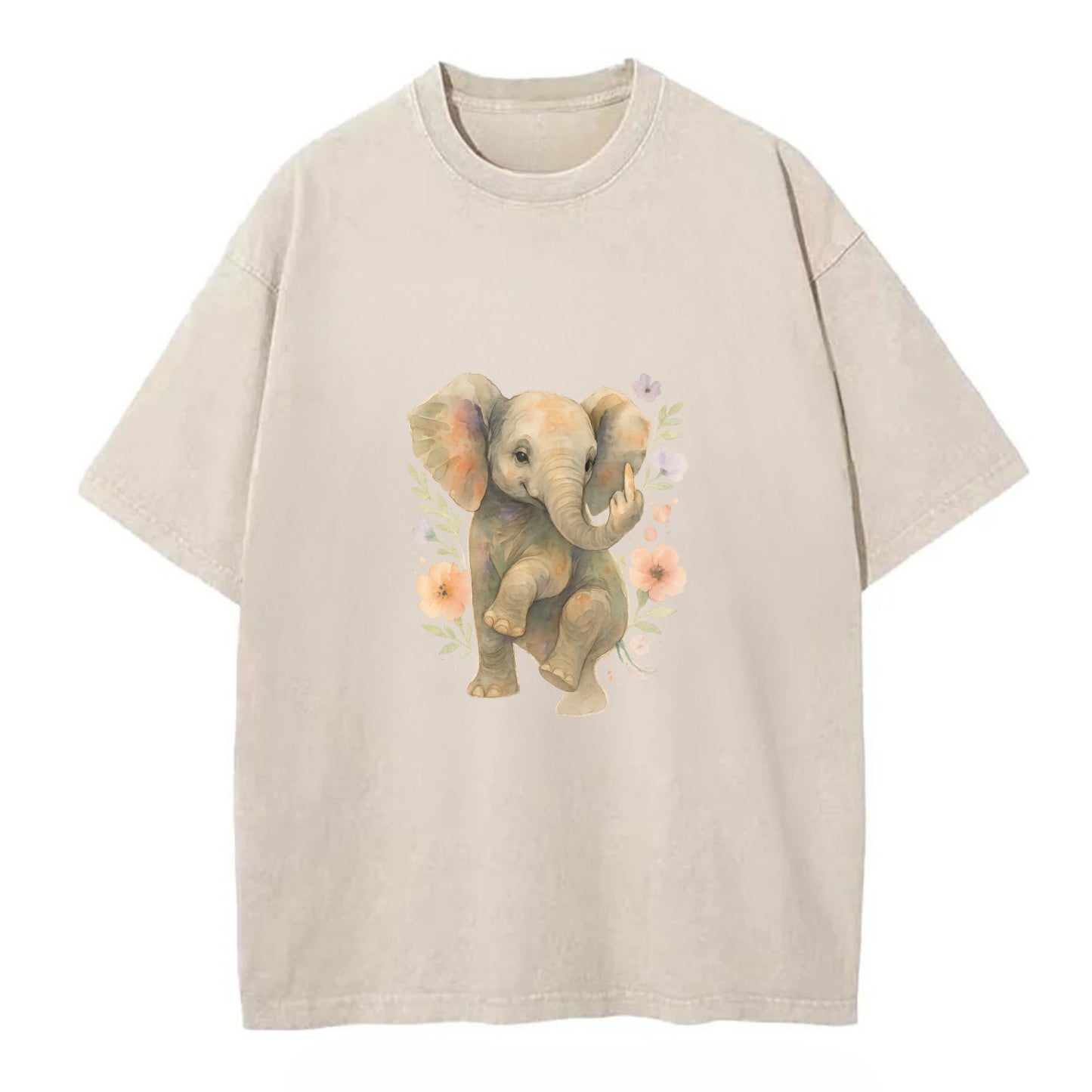baby elephant with trunk up, one foot raised with middle toe extended - Vintage T-shirt - Off White