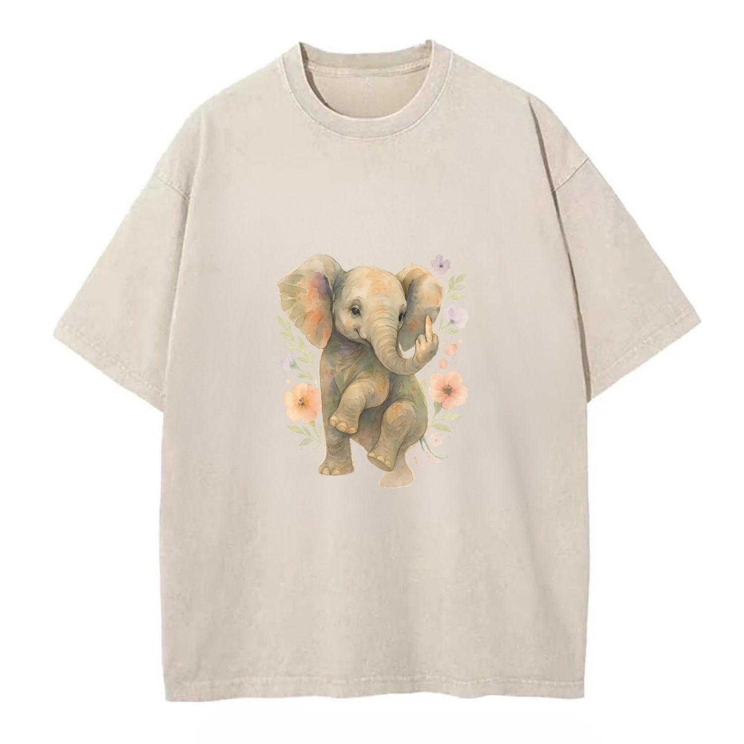 baby elephant with trunk up, one foot raised with middle toe extended - Vintage T-shirt - Off White