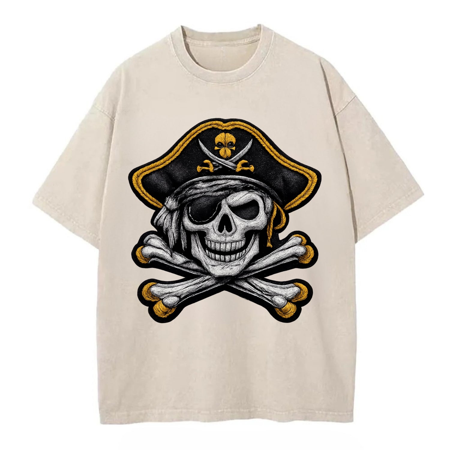 PIRATE SKULL - Jolly Roger skull in black and white , pirate - Vintage T-shirt - Off White