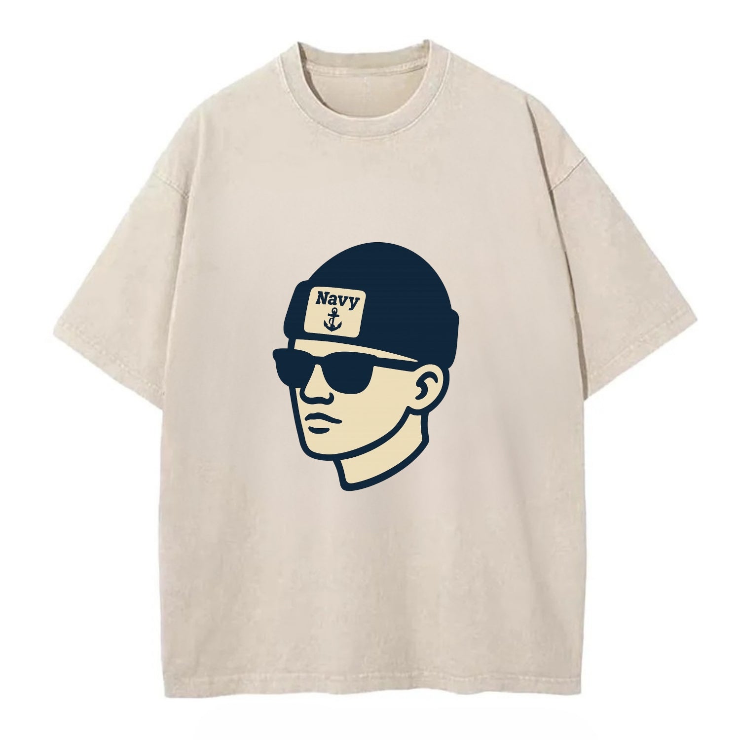 Annapolis Midshipman wearing Navy beanie with anchor patch - Vintage T-shirt - Off White
