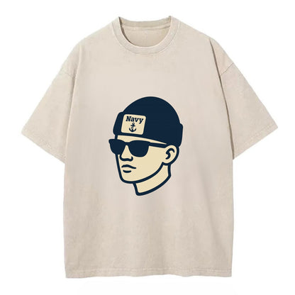 Annapolis Midshipman wearing Navy beanie with anchor patch - Vintage T-shirt - Off White