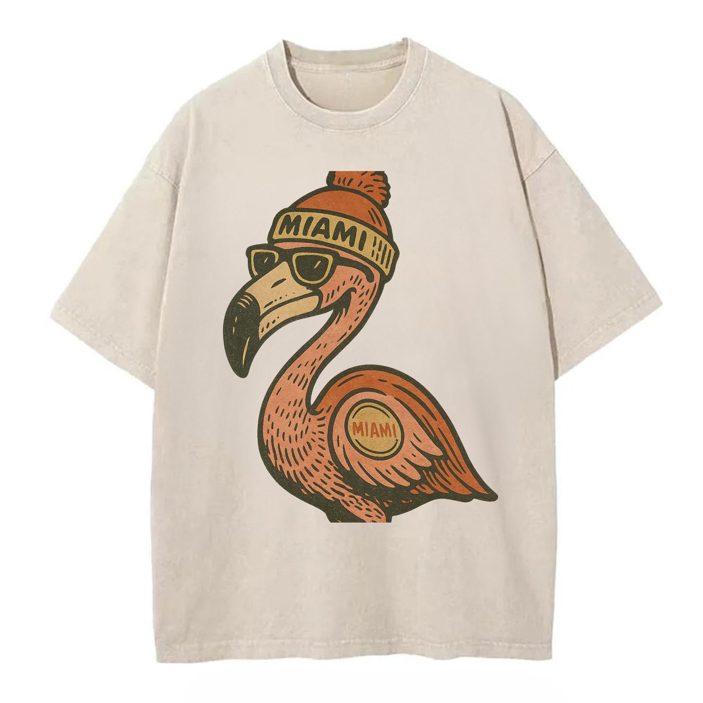 Miami Flamingo wearing Miami beanie with pom pom and wayfarer sunglasses - Vintage T-shirt - Off White