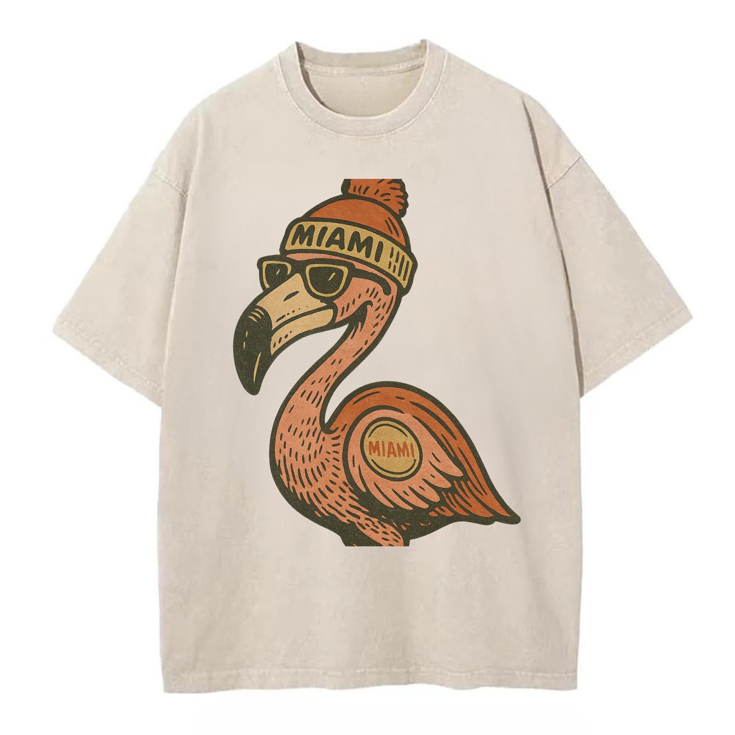 Miami Flamingo wearing Miami beanie with pom pom and wayfarer sunglasses - Vintage T-shirt - Off White