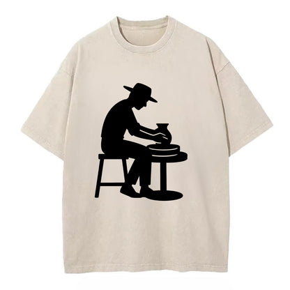 Potter shaping clay on wheel - Vintage T-shirt - Off White