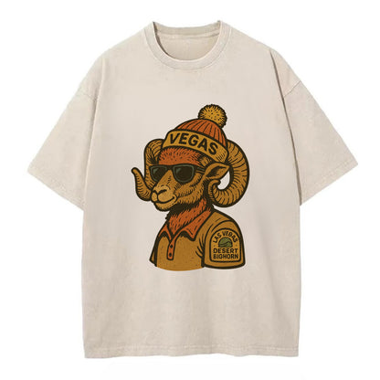 Las Vegas Desert Bighorn wearing Vegas beanie with pom pom and wayfarer sunglasses - Vintage T-shirt - Off White
